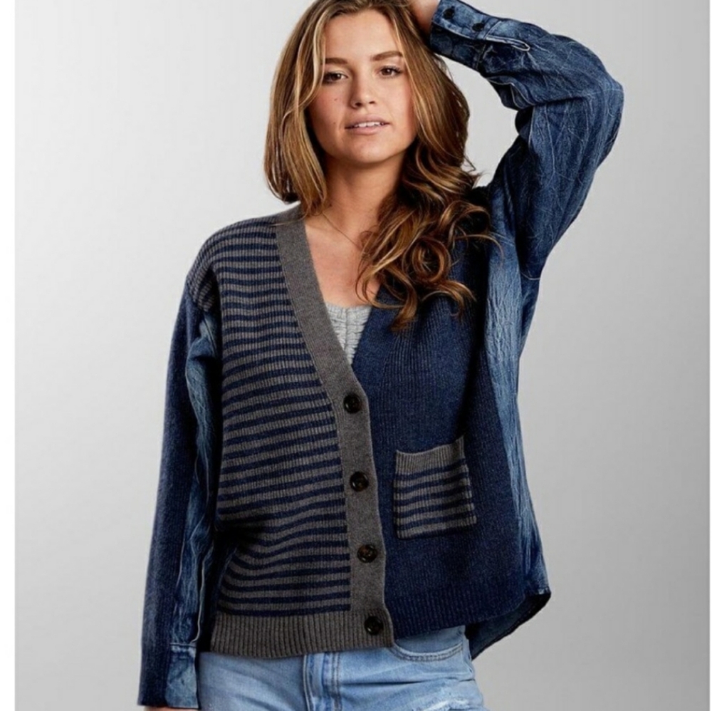 Buckle Gilded Intent Pieced Denim Cardigan Sweater